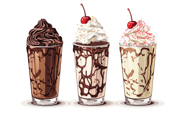 illustration of an ice cream set. Different types and tastes of cold desserts cups cones soft serve bars sticks popsicles frozen juice in waffles and on sticks. Vintage hand-drawn style generative ai