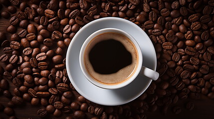 Fototapeta premium Mug on plate filled with coffee surrounded by coffee beans, cup of coffee, coffee bean background.