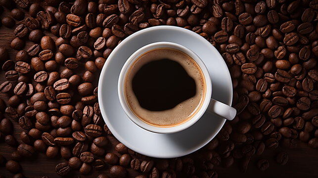 Mug on plate filled with coffee surrounded by coffee beans, cup of coffee, coffee bean background.