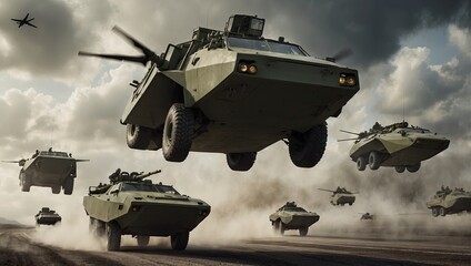 a group of military vehicles flying through a cloudy sky - obrazy, fototapety, plakaty