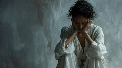 Woman with a pained expression, holding her head in her hands, appearing to be in distress