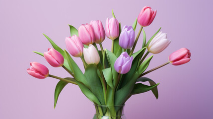 Bouquet of tulips arranged against a soft pink background