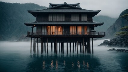 Japanese style bamboo house in the middle of the sea surrounded by mountains. Abstract, calm, misty, mysterious, relaxing, winter, Japanese, luxurious, modern design. local style design ideas