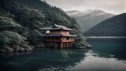 Japanese style bamboo house in the middle of the sea surrounded by mountains. Abstract, calm,...