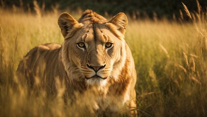 A graceful lioness prowled the tall grass, her golden fur glistening in the warm sunlight. Sharp amber eyes