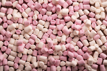 photo sweet dessert, lots of white and pink marshmallow, top view