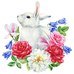 Beautiful bunny, branches with spring flowers isolated white background. Watercolor Hand-drawn clipart, easter holiday