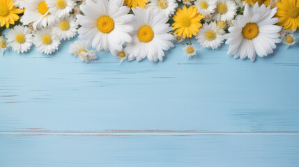 Obraz premium Floral arrangement of white daisies and yellow flowers scattered on a vibrant blue wooden background