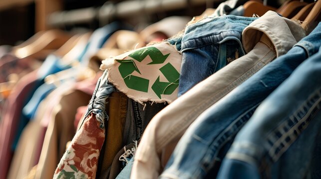 An assortment of eco-friendly garments featuring a recycle symbol, promoting the concept of recycling textiles and embracing sustainable fashion practices.