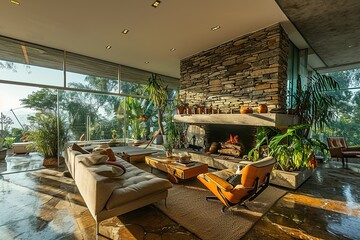 Modern living room with brick fireplace and view of garden