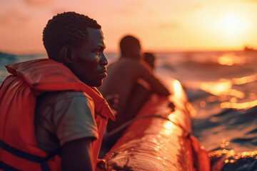 African migrants and refugees sit on a rubber boat on the sea.