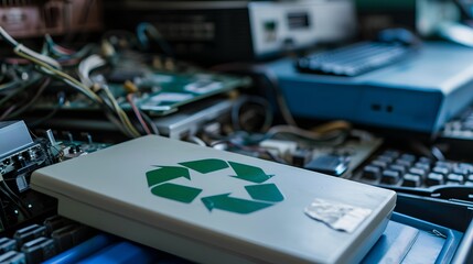 An electronic waste concept featuring a desktop computer adorned with a bright green recycle symbol, symbolizing the importance of recycling and proper disposal of electronic devices.