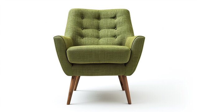  an Isolated pastel moss green modern mid century lounge armchair isolated on white background.