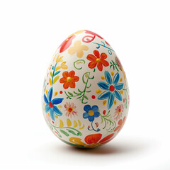 Kid hand painted Easter egg isolated on white. Spring colorful floral patterns.