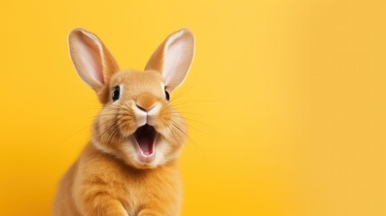 Obraz premium cute animal pet rabbit or bunny brown color smiling and laughing isolated with copy space for easter background, rabbit, animal, pet, cute, fur, ear, mammal, background, celebration, generate by AI