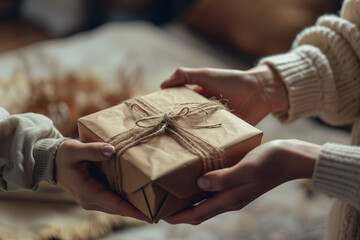 Hands Unveiling a Delicately Wrapped Gift with Rustic Twine and Brown Paper, Symbolizing Care and Friendship