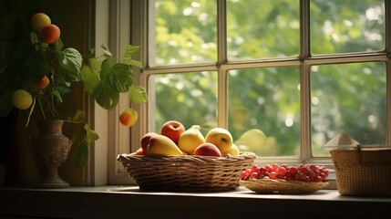 A fruit basket set on the table near window in morning