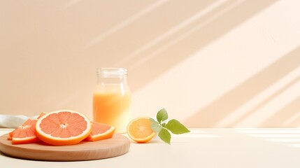 A set of Orange juice set up on table with a piece of fresh orange