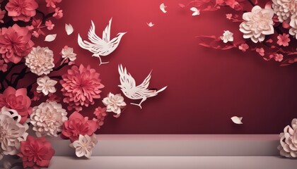 Chinese new with flower and asian elements paper cut with craft style on background