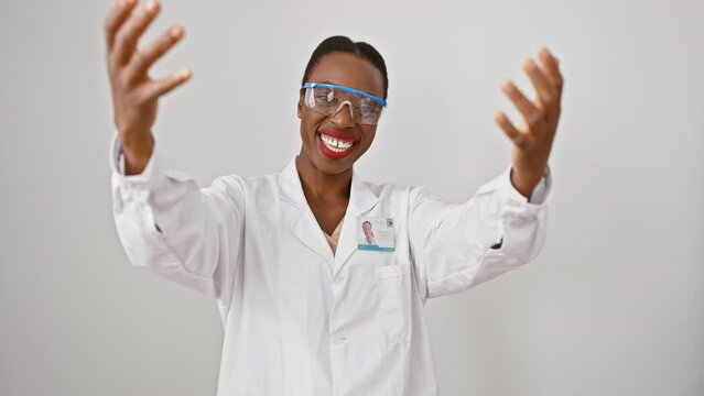 Joyful african american woman scientist in uniform, arms open for an embrace! a cheerful portrait of happiness and welcome on an isolated white background.