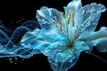 Naklejka premium Abstract gentle cyanotype transparent flowers with cyber silverpoint impressionism.