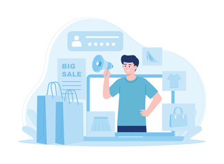 online sales promotion in the market via laptop concept flat illustration