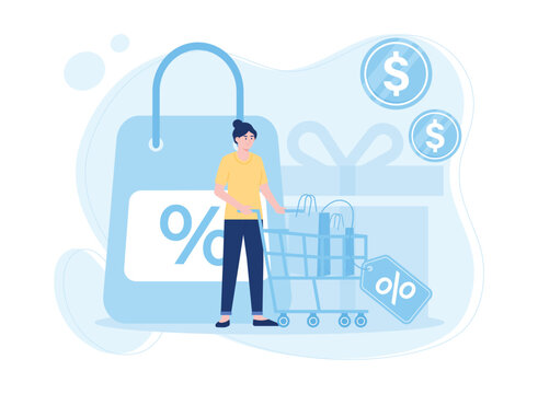 women shopping at online shop get big discounts concept flat illustration