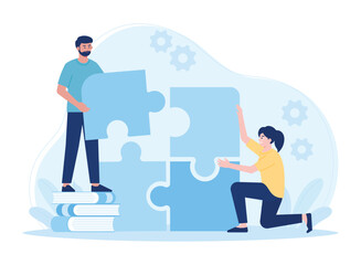 two business people building a working puzzle concept flat illustration