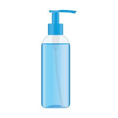Plastic pump bottle with a blue liquid inside. Dispenser bottle with cosmetic product like cleansing gel. Vector illustration