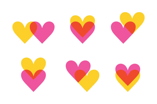 Bright colored hearts icon set. Hearts merged. Heart on heart. Flat style. Vector illustration
