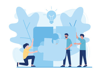 putting together a jigsaw puzzle teamwork partnership concept flat illustration