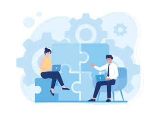 two business people are looking for a solution to solve a problem  teamwork concept flat illustration - obrazy, fototapety, plakaty