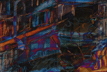 Avant-garde Abstract city landscape. Steampunk color expression painting for disturbing background - obrazy, fototapety, plakaty