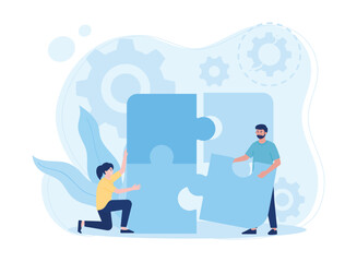 two people put puzzle pieces together concept flat illustration