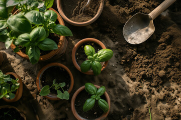 Fresh Basil Plants in Terracotta Pots on Soil