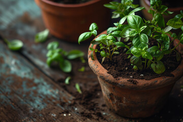 Healthy Basil Plant in Aged Terracotta Pot