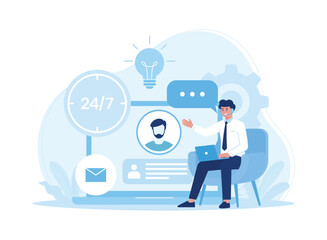 online customer service call and chat, 24 hours global concept flat illustration