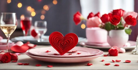 Fototapeta na wymiar heart shaped candles and rose petals plate, heart, dinner, christmas, fruit, wedding, gift, cream, fresh, holiday, day, red, candle