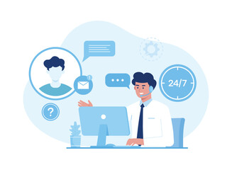online customer service call and chat, 24 hours global concept flat illustration