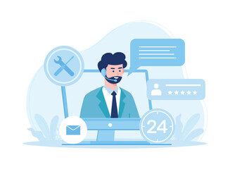 customer support operator with working headset in call center concept flat illustration