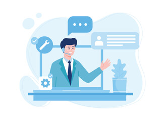 man on laptop showing customer support management concept flat illustration