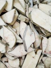 Frozen catfish steak close-up. Fish on a refrigerated counter in a store, top view. Supermarket