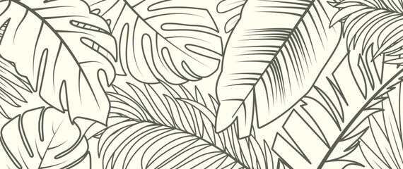 Abstract background from botanical tropical palm leaves branches in the jungle drawn by outline. Design for prints wall art banner poster fabric decoration. Flat doodle style. Vector illustration. - obrazy, fototapety, plakaty