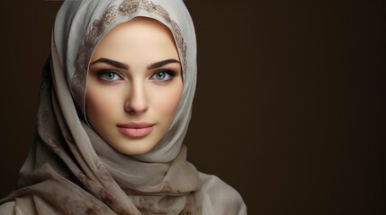 Naklejka premium Beautiful muslim lady, copy space with generative ai