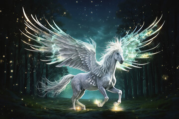 Legendary Pegasus winged horse of the Greek Mythology with open wings in a forest environment, AI Generated