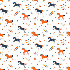 Seamless vector pattern, cute cartoon horses, children's style for textiles and clothing