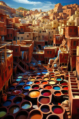 Drone view of a tannery, Fez, Morocco, Ai Generated
