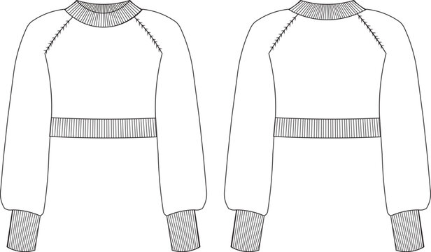 long balloon sleeve round crew high neck ribbe crop cropped sweater template technical drawing flat sketch cad mockup fashion woman design style model