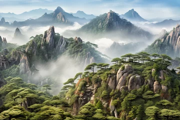Papier Peint photo autocollant Monts Huang Surrealist aerial view over the Huangshan Mountain range, Chine, AI Generated
