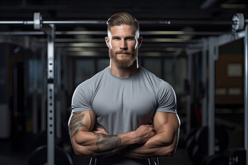 Fototapeta na wymiar Experience the intensity of fitness commitment through this gym portrait, highlighting a young man's journey in strength and wellness.